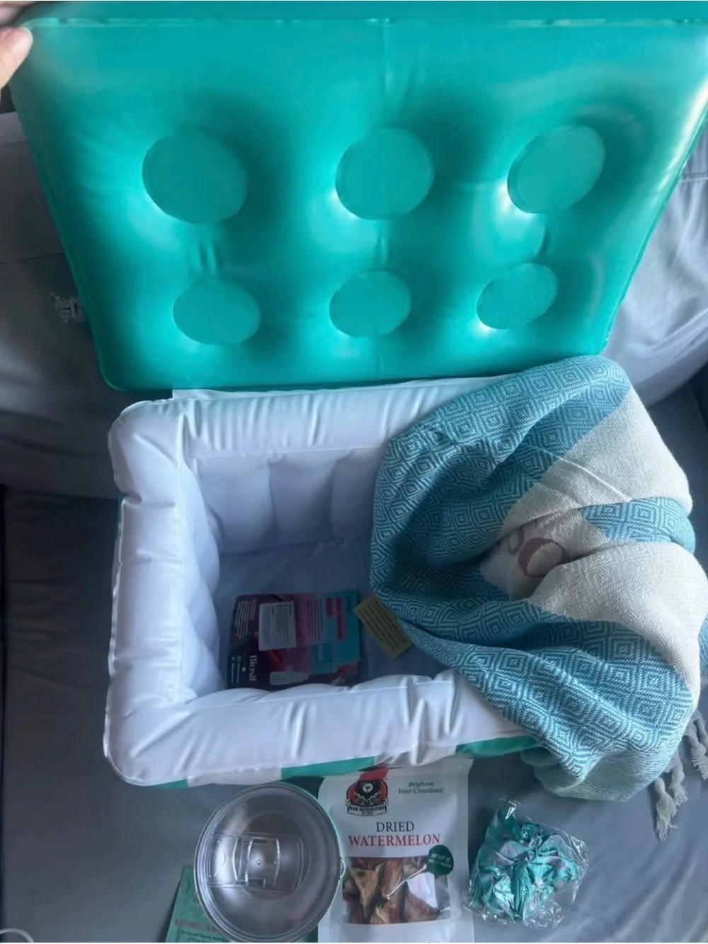 Biosilk Teal and White Striped Inflatable Cooler with Teal Lid